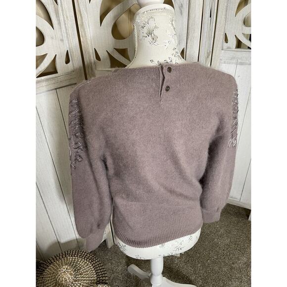Vintage Purple Angora Lambswool Blend Sweater Floral Beaded Size Medium - Picture 3 of 5